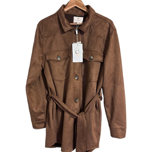 26 International Jackets & Blazers - NEW 26 International Jade & Ivory Brown Faux Suede Belted Shirt Jacket Women’s L